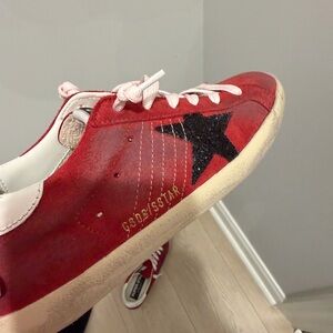 Golden Goose Red Sneakers with Black Star and Pink Laces